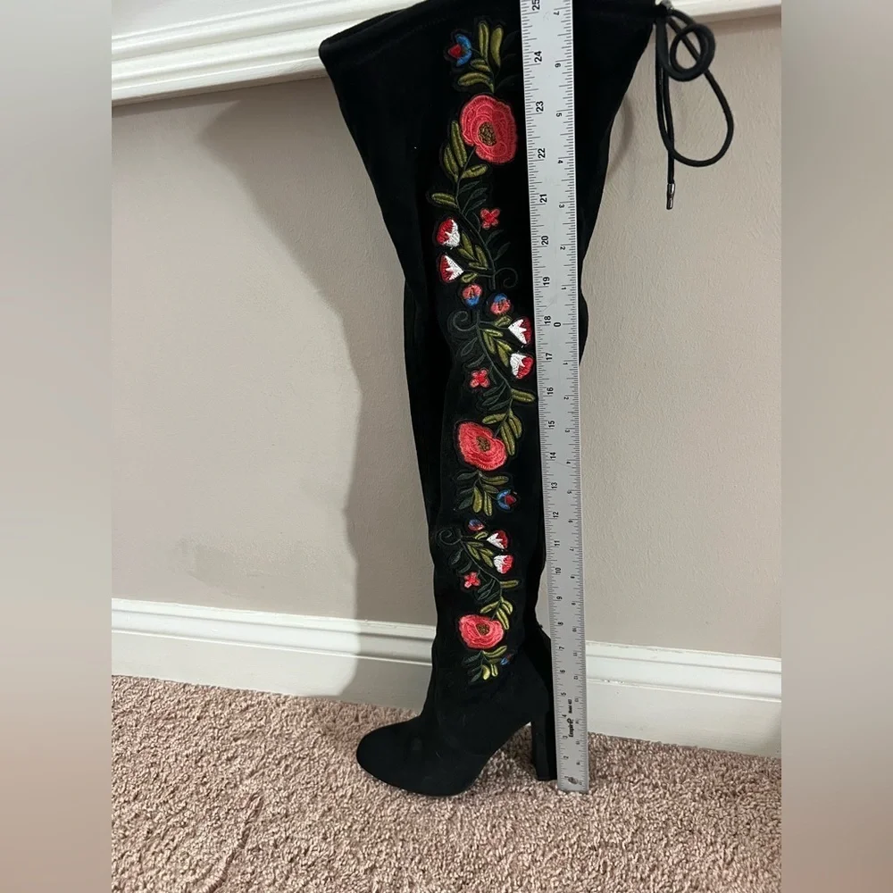 New 6.5 target over the knee floral embroidered faux suede black heel boots - Picture 9 of 17